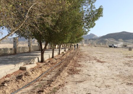 عملیات لوله گذاری برای آبیاری قطره‌ای در آرامستان بهشت رضا (ع) شهر بهارستان در حال اجرا است